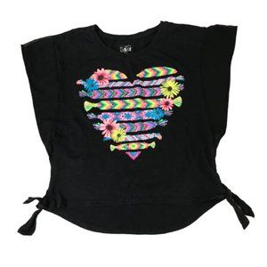 12 Justice Gir's Black Tshirt Heart Flowers Tie Sides Boho Look